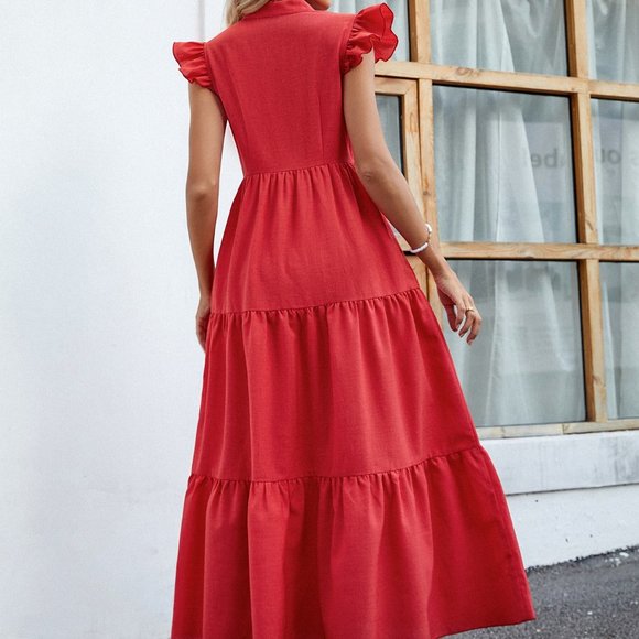 New Stand Collar Cap Sleeve Ruffle Hem Dress Red - Picture 2 of 6
